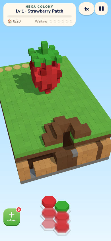 A voxel strawberry and colorful ants in the Hexa Colony puzzle prototype.